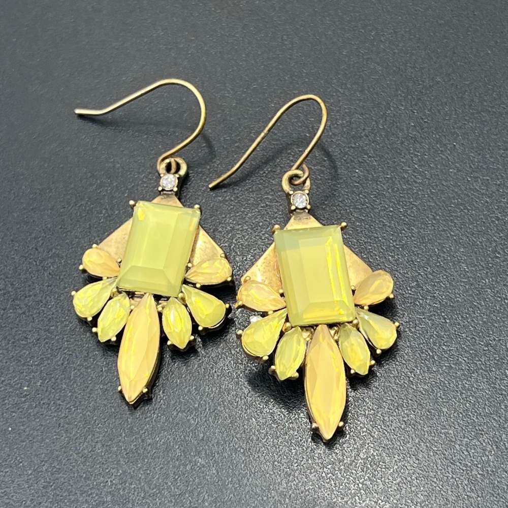 J. Crew Gold Tone Opalescent Yellow Rhinestone Dangle French Wire Earrings